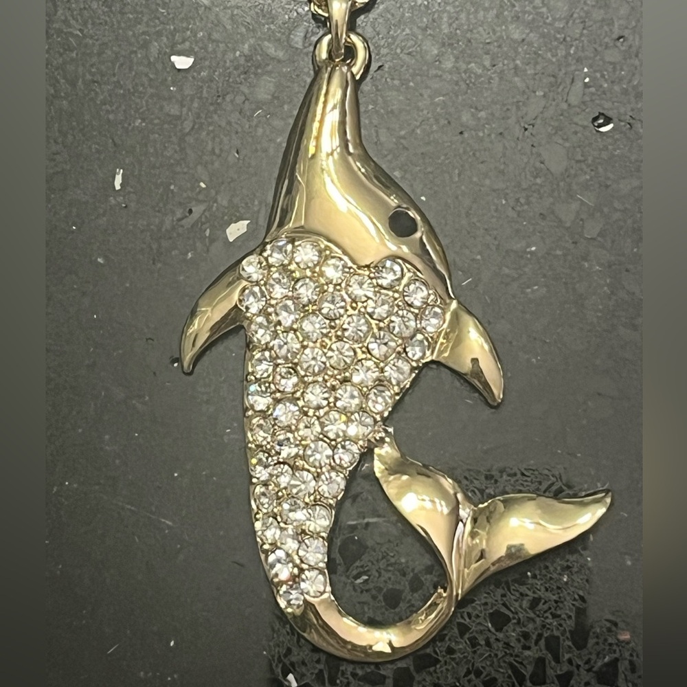 Pave Set Crystal Florida DOLPHIN Pendant Chain fish, ocean pendant Necklace Gold - Picture 4 of 7
